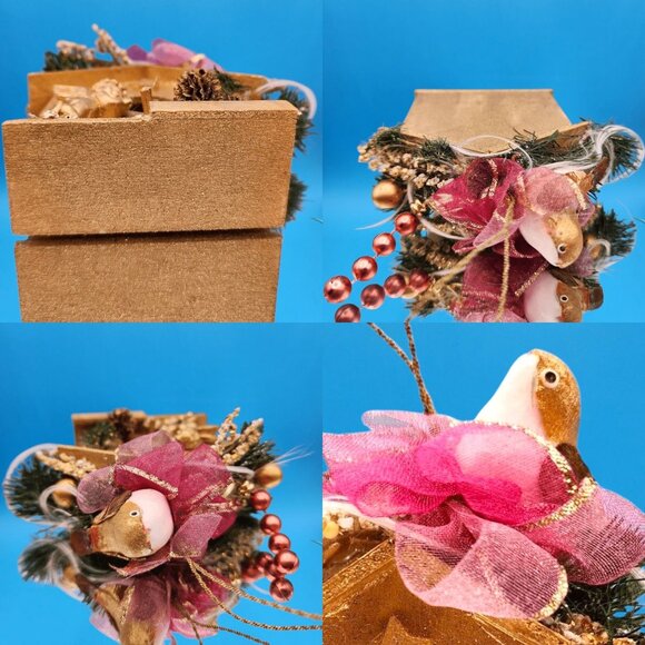 Victorian Birdhouse Ornaments Pink Velvet Pearl Bead Gold Trim Cherub Birds Rose - Picture 5 of 8